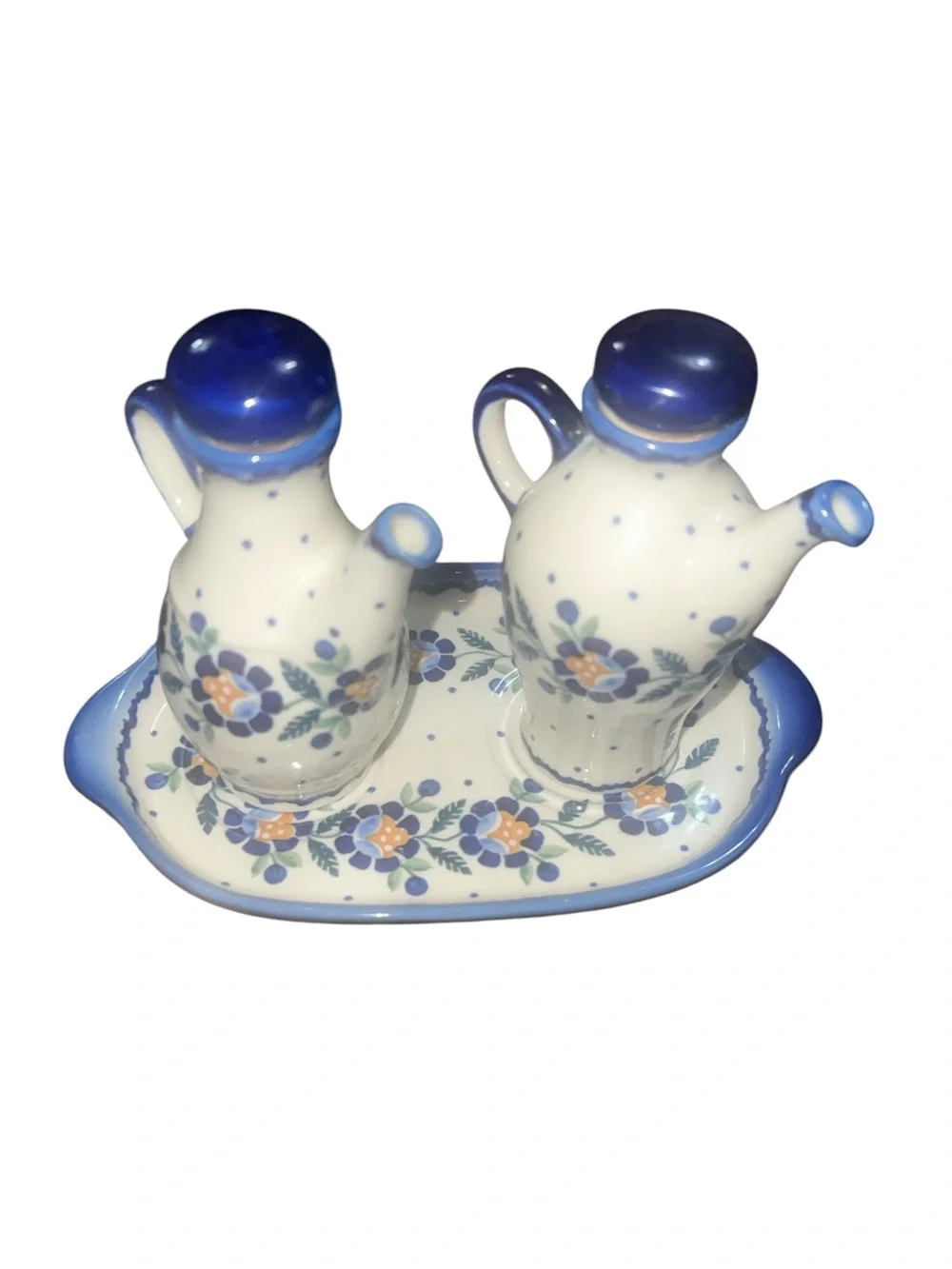 Blue Rose Polish Pottery Willow Oil & Vinegar Cruet Set with Tray Boleslawiec